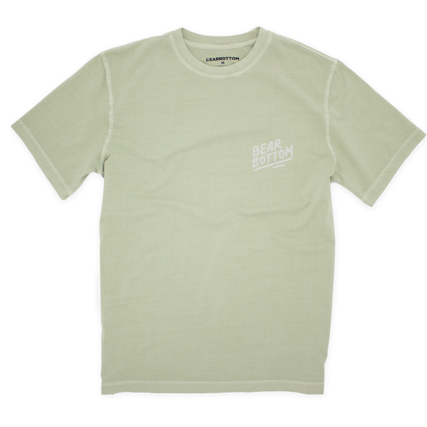 Front of Natural Dye Graphic Tee Roadtrip in sage green with white Bearbottom on front
