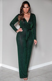 Rory Sexy V Neck Sparkly Long Sleeves Cocktail Jumpsuit with Belt - MY SEXY STYLES