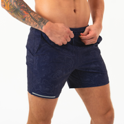 Run Short 5.5" Topography Navy on Model Front Drawstring