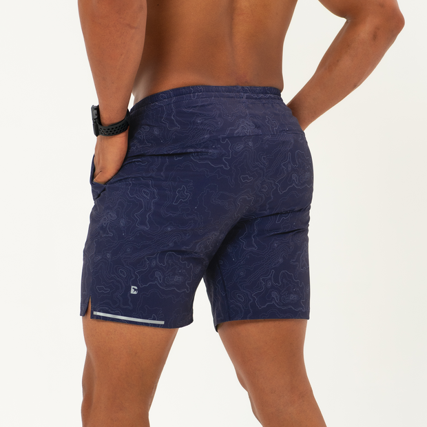 Run Short 7" Topography Navy on Model Back