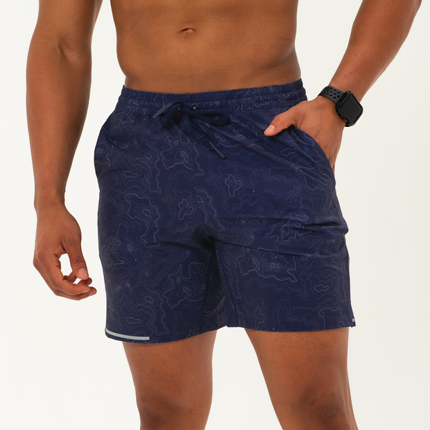 Run Short 7" Topography Navy on Model Front