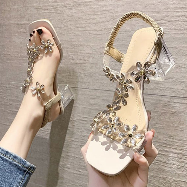 Madara | Stylish sandal with rhinestone flower and solid heel