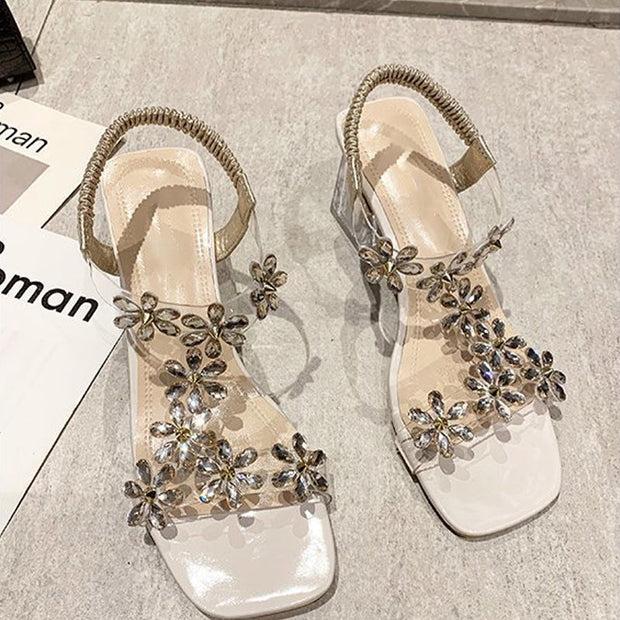 Madara | Stylish sandal with rhinestone flower and solid heel