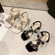 Madara | Stylish sandal with rhinestone flower and solid heel