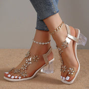 Madara | Stylish sandal with rhinestone flower and solid heel