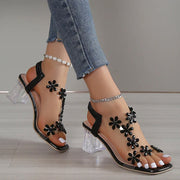 Madara | Stylish sandal with rhinestone flower and solid heel