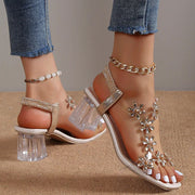 Madara | Stylish sandal with rhinestone flower and solid heel