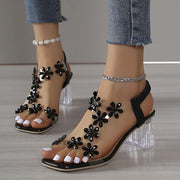 Madara | Stylish sandal with rhinestone flower and solid heel