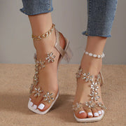 Madara | Stylish sandal with rhinestone flower and solid heel