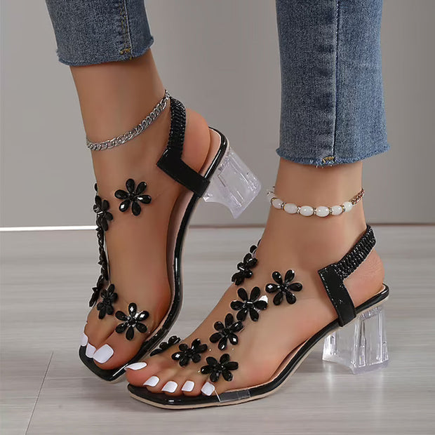 Madara | Stylish sandal with rhinestone flower and solid heel