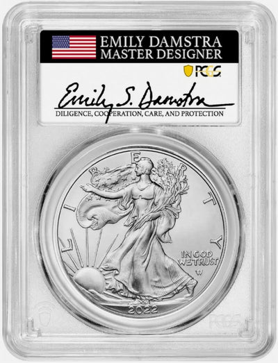2022 $1 Silver Eagle PCGS MS70 First Strike Signed by Emily Damstra