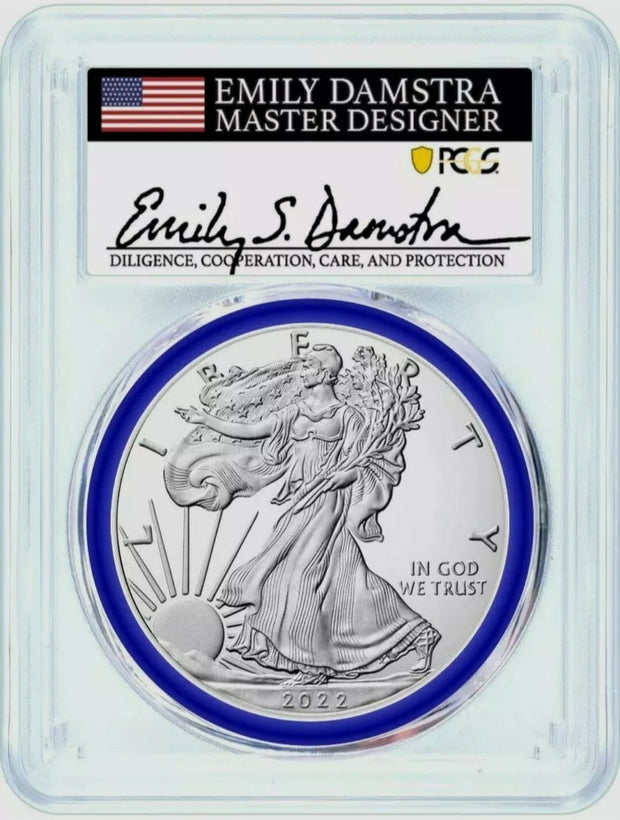 2022 $1 Silver Eagle PCGS MS70 First Strike Damstra Signed Mint Designer Series