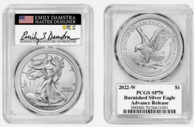 2022 W $1 Burnished Silver Eagle PCGS SP70 Advanced Release Emily Damstra