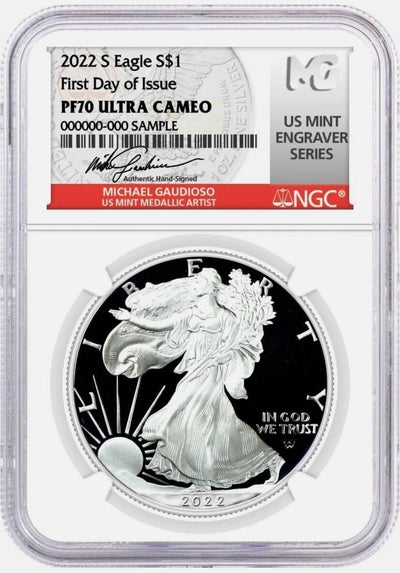 2022 S $1 Proof Silver Eagle NGC PF70 UC First Day of Issue Gaudioso Mint Engraver Series