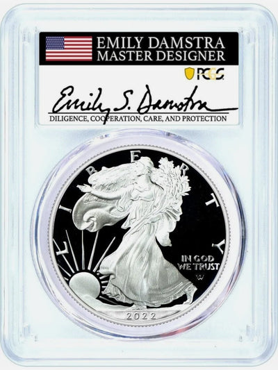 2022 S $1 Proof Silver Eagle PCGS PR70 First Day of Issue Emily Damstra Signed
