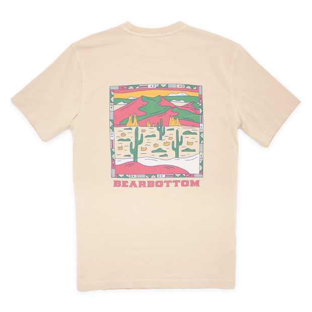 Natural Dye Graphic Tee in sand color with Sedona graphic on back and Bearbottom name below