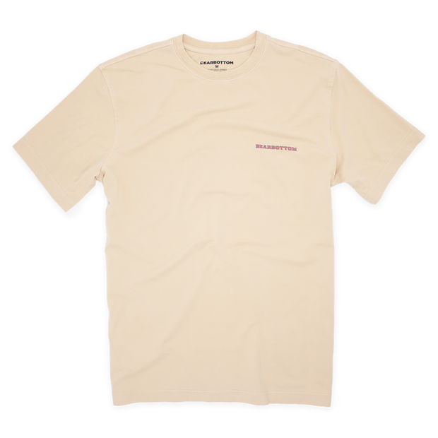 Natural Dye Graphic Tee in sand color with light red Bearbottom name on front