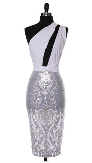 Samantha Sexy White Crossed Over Shoulder W/ Sheer Metallic Lace Skirt Cocktail Dress - MY SEXY STYLES