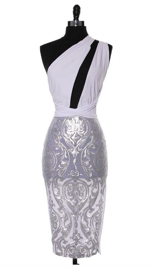 Samantha Sexy White Crossed Over Shoulder W/ Sheer Metallic Lace Skirt Cocktail Dress - MY SEXY STYLES