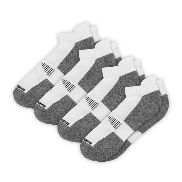 4 Pairs of Performance Ankle Socks White with arch support and grey padding in heel and toe