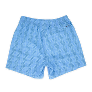 Stretch Swim 5.5" Clearwater back, a light blue print with darker blue alternating zig zagged lines with an elastic waistband and back right zippered pocket