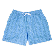 Stretch Swim 5.5" front Clearwater, a light blue print with darker blue alternating zig zagged lines with an elastic waistband, two inseam pockets, and a white drawstring