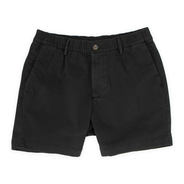 Stretch Chino Short 5.5" in Black front with elastic waistband, belt loops, buttoned fly, and two slant pockets
