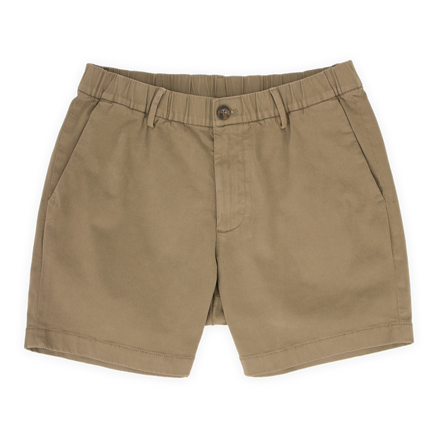 Stretch Chino Short 5.5" in Desert front with elastic waistband, belt loops, buttoned fly, and two slant pockets