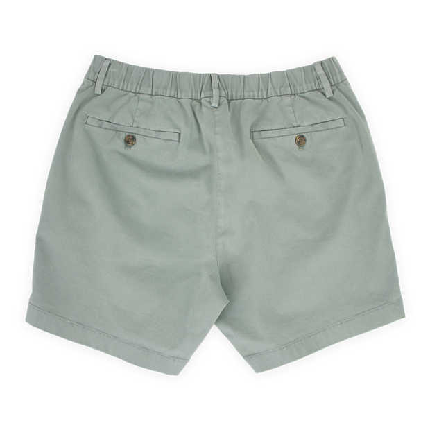 Stretch Chino Short 5.5" in Grey back with elastic waistband, belt loops, and two buttoned welt pockets