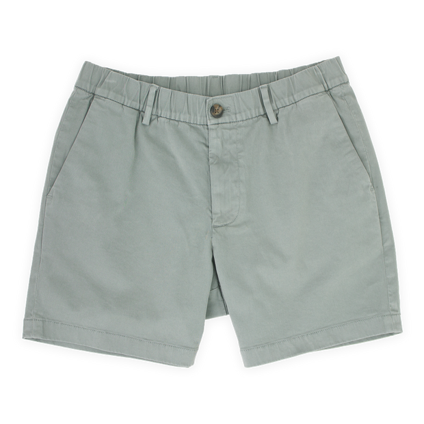 Stretch Chino Short 5.5" in Grey front with elastic waistband, belt loops, buttoned fly, and two slant pockets