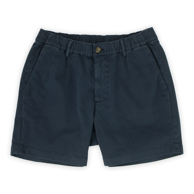 Stretch Chino Short 5.5" in Navy front with elastic waistband, belt loops, buttoned fly, and two slant pockets