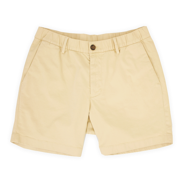 Stretch Chino Short 5.5" in Sand Dune front with elastic waistband, belt loops, buttoned fly, and two slant pockets