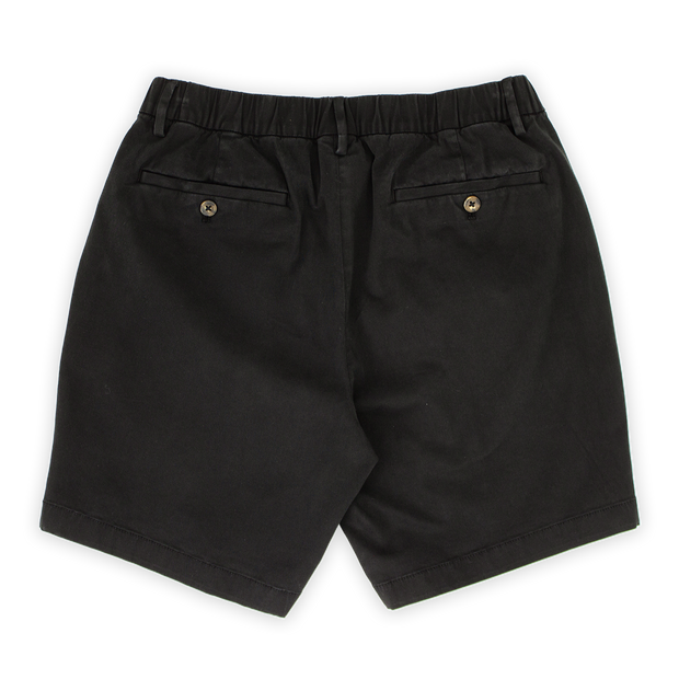 Stretch Chino Short 5.5" in Black back with elastic waistband, belt loops, and two buttoned welt pockets