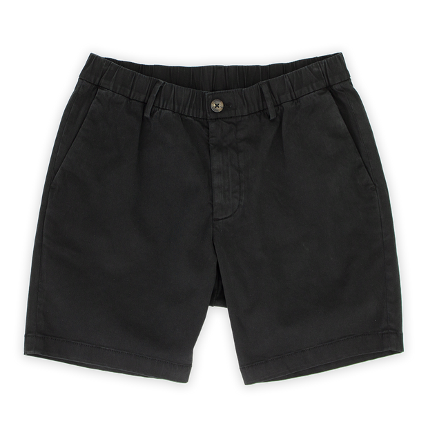 Stretch Chino Short 7" in Black front with elastic waistband, belt loops, buttoned fly, and two slant pockets