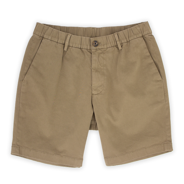 Stretch Chino Short 7" in Desert front with elastic waistband, belt loops, buttoned fly, and two slant pockets