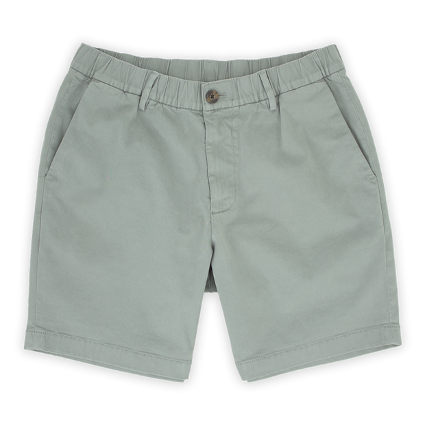 Stretch Chino Short 7" in Grey front with elastic waistband, belt loops, buttoned fly, and two slant pockets