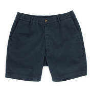 Stretch Chino Short 7" in Navy front with elastic waistband, belt loops, buttoned fly, and two slant pockets