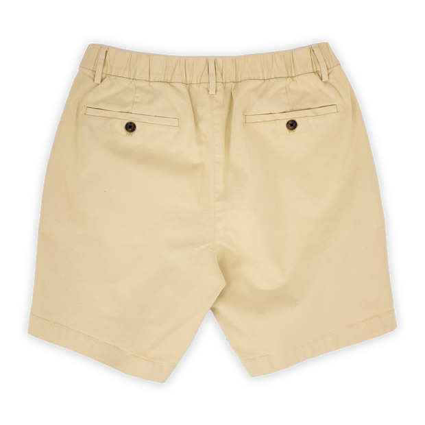 Stretch Chino Short 7" in Sand Dune back with elastic waistband, belt loops, and two buttoned welt pockets