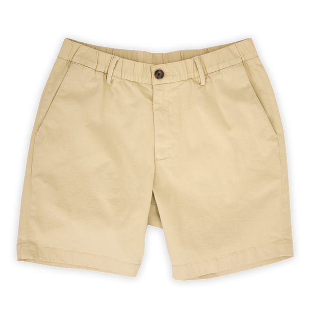 Stretch Chino Short 7" in Sand Dune front with elastic waistband, belt loops, buttoned fly, and two slant pockets
