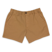 Stretch Short 5.5" Camel front with elastic waistband, belt loops, zipper fly, faux horn button, and two inseam pockets