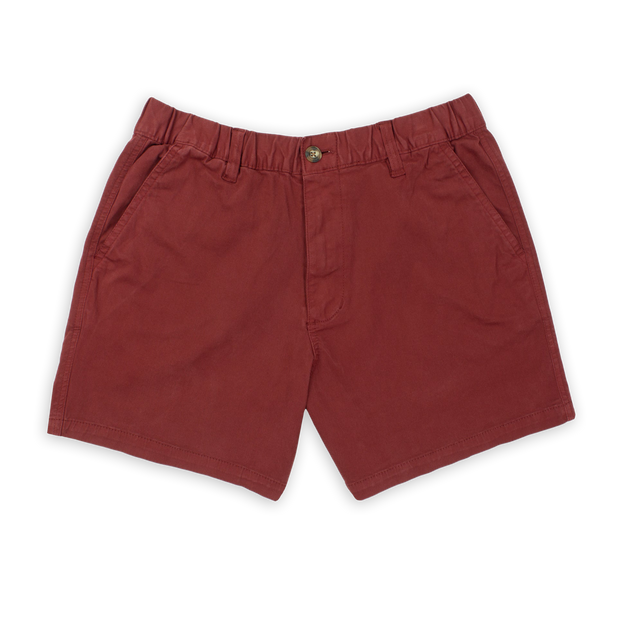 Stretch Short 5.5" Dark Maroon front with elastic waistband, belt loops, zipper fly, faux horn button, and two inseam pockets