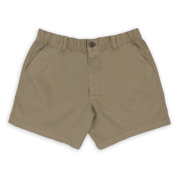 Stretch Short 5.5" Desert front with elastic waistband, belt loops, zipper fly, faux horn button, and two inseam pockets