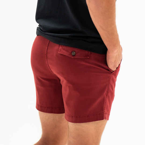 Stretch Short 5.5" Dark Maroon back on model with elastic waistband, belt loops, and right buttoned back pocket