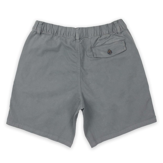 Stretch Short 7" Charcoal Greys back with elastic waistband, belt loops, and right buttoned back pocket