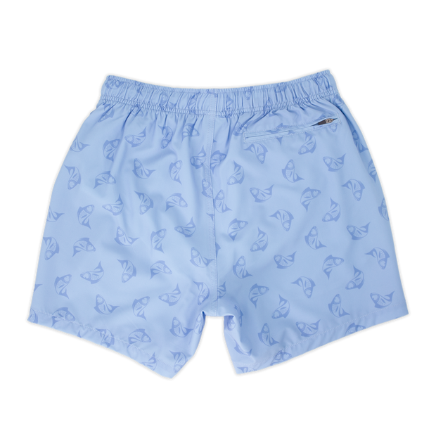 Stretch Swim 5.5" Bonita back, a light periwinkle blue with a print of darker blue sketched fish with an elastic waistband and a back right zippered pocket