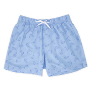 Stretch Swim 5.5" Bonita front, a light periwinkle blue with a print of darker blue sketched fish with an elastic waistband, two inseam pockets, and a white drawstring