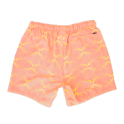 Stretch Swim 5.5" Groovy back, a light pink with bright yellow psychedelic ball shaped pattern with an elastic waistband and back right zippered pocket
