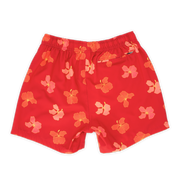 Stretch Swim 5.5" Hibiscus back, a bright red printed with pink and orange sketched hibiscus flowers with an elastic waistband and back right zippered pocket