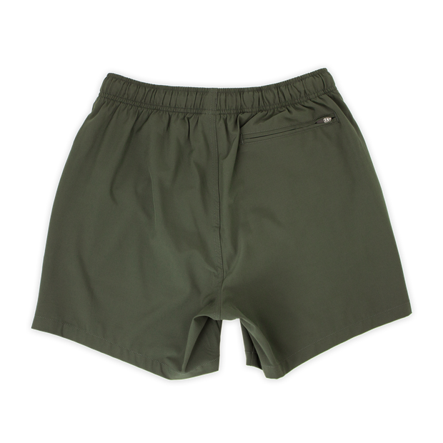 Stretch Swim 5.5" in Military Green back with elastic waistband and back right zippered pocket