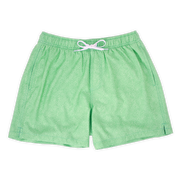 Stretch Swim 5.5" front in Seafoam green pattern with slightly darker small green dots with an elastic waistband, two side seam pockets, and a white drawstring